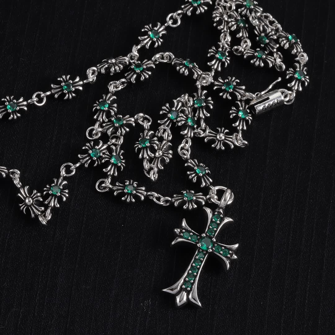 Chrome Hearts Silver Cross Pendant with Emerald Stones